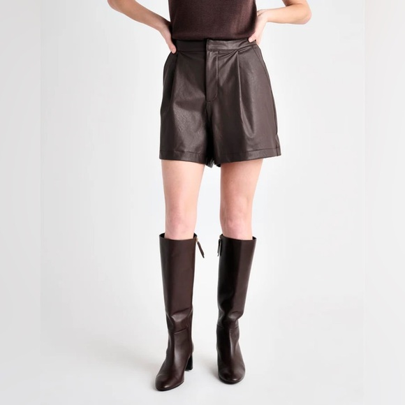 Splendid Pants - Splendid Brown Vegan Leather High-Waisted‎ Pleated Shorts